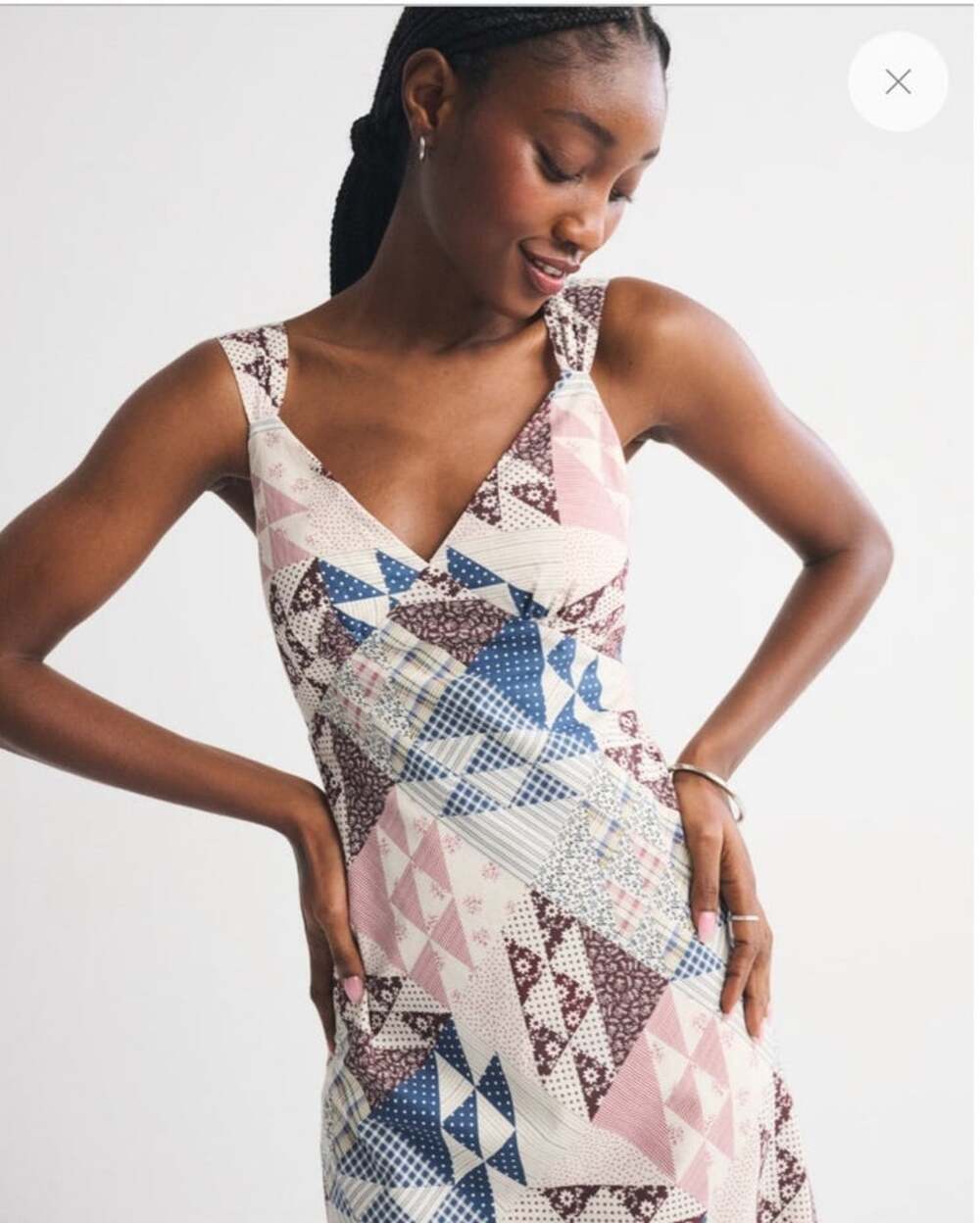 Abercrombie & Fitch Blue Patchwork Bra-Free V-Neck Slip Midi Dress Large Petite